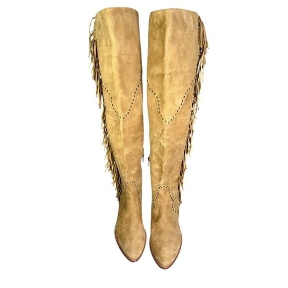 Frye Camel Brown Suede RAY Fringe Zip Over the Knee Boot Sz 10 M - Picture 4 of 12